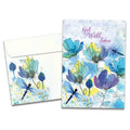 Load image into Gallery viewer, Cover of Blue Floral Dragonflies Get Well card (featuring script text above artwork of two dragonflies surrounded by flowers) and its matching envelope