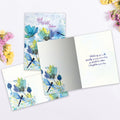 Load image into Gallery viewer, The inside of Tree-Free’s Blue Floral Dragonflies card, with the cover and envelope in the background.