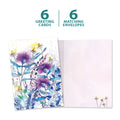 Load image into Gallery viewer, The cover and inside of Tree-Free’s Purple Flowers card, along with the following text: “6 greeting cards, 6 matching envelopes”