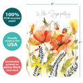 Load image into Gallery viewer, The cover of Tree-Free’s Heartfelt Flowers card with lines demonstrating its 5x7 dimensions, along with the following text: “100% PCW recycled paper, proudly made in the USA, sustainably printed on extra-thick card stock”