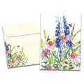 Load image into Gallery viewer, Cover of Wildflower Bees All Occasion card (featuring artwork of bumblebees flying over flowers) and its matching envelope