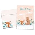 Load image into Gallery viewer, Cover of Squirrel Bear Thanks Thank You card (featuring script text above artwork of a squirrel giving a bouquet of flowers to a bear) and its matching envelope