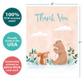Load image into Gallery viewer, The cover of Tree-Free’s Squirrel Bear Thanks card with lines demonstrating its 5x7 dimensions, along with the following text: “100% PCW recycled paper, proudly made in the USA, sustainably printed on extra-thick card stock”