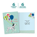 Load image into Gallery viewer, The cover and inside of Tree-Free’s Spot On Dog card, along with the following text: “6 greeting cards, 6 matching envelopes”