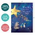 Load image into Gallery viewer, The cover of Tree-Free’s Stardust Bear card with lines demonstrating its 5x7 dimensions, along with the following text: “100% PCW recycled paper, proudly made in the USA, sustainably printed on extra-thick card stock”