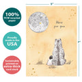 Load image into Gallery viewer, The cover of Tree-Free’s Comforting Bear card with lines demonstrating its 5x7 dimensions, along with the following text: “100% PCW recycled paper, proudly made in the USA, sustainably printed on extra-thick card stock”