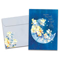 Load image into Gallery viewer, Cover of Floral Moonlight Wedding card (featuring script and serif text above artwork of the moon surrounded by flowers) and its matching envelope