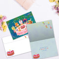 Load image into Gallery viewer, The inside of Tree-Free’s Animal Tea Party card, with the cover and envelope in the background.