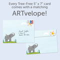 Load image into Gallery viewer, The envelope for Tree-Free’s Elephant Flowers card, along with the following text: “Every Tree-Free 5x7 card comes with a matching ARTvelope!”