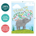 Load image into Gallery viewer, The cover of Tree-Free’s Elephant Flowers card with lines demonstrating its 5x7 dimensions, along with the following text: “100% PCW recycled paper, proudly made in the USA, sustainably printed on extra-thick card stock”