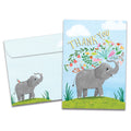 Load image into Gallery viewer, Cover of Elephant Flowers Thank You card (featuring serif text above artwork of an elephant with flowers bursting out of its trunk) and its matching envelope