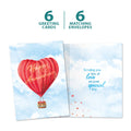 Load image into Gallery viewer, The cover and inside of Tree-Free’s Heart Air Balloon card, along with the following text: “6 greeting cards, 6 matching envelopes”