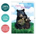 Load image into Gallery viewer, The cover of Tree-Free’s Mama Bear Birthday card with lines demonstrating its 5x7 dimensions, along with the following text: “100% PCW recycled paper, proudly made in the USA, sustainably printed on extra-thick card stock”