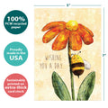 Load image into Gallery viewer, The cover of Tree-Free’s Bee Wishes card with lines demonstrating its 5x7 dimensions, along with the following text: “100% PCW recycled paper, proudly made in the USA, sustainably printed on extra-thick card stock”