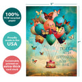 Load image into Gallery viewer, The cover of Tree-Free’s Happiness Balloons card with lines demonstrating its 5x7 dimensions, along with the following text: “100% PCW recycled paper, proudly made in the USA, sustainably printed on extra-thick card stock”