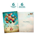 Load image into Gallery viewer, The cover and inside of Tree-Free’s Happiness Balloons card, along with the following text: “6 greeting cards, 6 matching envelopes”