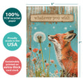 Load image into Gallery viewer, The cover of Tree-Free’s Fox Wishes card with lines demonstrating its 5x7 dimensions, along with the following text: “100% PCW recycled paper, proudly made in the USA, sustainably printed on extra-thick card stock”