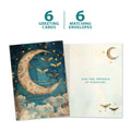 Load image into Gallery viewer, The cover and inside of Tree-Free’s Starlight Moonbeams card, along with the following text: “6 greeting cards, 6 matching envelopes”