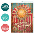 Load image into Gallery viewer, The cover of Tree-Free’s Happy Sunshine card with lines demonstrating its 5x7 dimensions, along with the following text: “100% PCW recycled paper, proudly made in the USA, sustainably printed on extra-thick card stock”