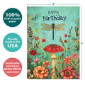 Load image into Gallery viewer, The cover of Tree-Free’s Dragonfly Toadstool card with lines demonstrating its 5x7 dimensions, along with the following text: “100% PCW recycled paper, proudly made in the USA, sustainably printed on extra-thick card stock”