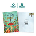 Load image into Gallery viewer, The cover and inside of Tree-Free’s Dragonfly Toadstool card, along with the following text: “6 greeting cards, 6 matching envelopes”