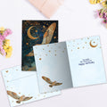 Load image into Gallery viewer, The inside of Tree-Free’s Lucky Owl card, with the cover and envelope in the background.