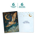 Load image into Gallery viewer, The cover and inside of Tree-Free’s Lucky Owl card, along with the following text: “6 greeting cards, 6 matching envelopes”