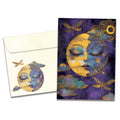 Load image into Gallery viewer, Cover of Serene Moon All Occasion card (featuring artwork of the moon surrounded by clouds and dragonflies) and its matching envelope
