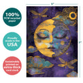 Load image into Gallery viewer, The cover of Tree-Free’s Serene Moon card with lines demonstrating its 5x7 dimensions, along with the following text: “100% PCW recycled paper, proudly made in the USA, sustainably printed on extra-thick card stock”