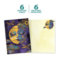 Load image into Gallery viewer, The cover and inside of Tree-Free’s Serene Moon card, along with the following text: “6 greeting cards, 6 matching envelopes”
