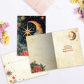 Load image into Gallery viewer, The inside of Tree-Free’s Crescent Moon Wish card, with the cover and envelope in the background.