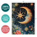 Load image into Gallery viewer, The cover of Tree-Free’s Crescent Moon Wish card with lines demonstrating its 5x7 dimensions, along with the following text: “100% PCW recycled paper, proudly made in the USA, sustainably printed on extra-thick card stock”