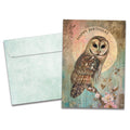 Load image into Gallery viewer, Cover of Beautiful Dreamer Birthday card (featuring serif text above artwork of an owl sitting on a floral tree branch) and its matching envelope