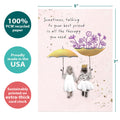 Load image into Gallery viewer, The cover of Tree-Free’s Wonderful Umbrellas card with lines demonstrating its 5x7 dimensions, along with the following text: “100% PCW recycled paper, proudly made in the USA, sustainably printed on extra-thick card stock”