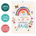 Load image into Gallery viewer, The cover of Tree-Free’s Always Rainbow card with lines demonstrating its 5x7 dimensions, along with the following text: “100% PCW recycled paper, proudly made in the USA, sustainably printed on extra-thick card stock”