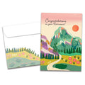 Load image into Gallery viewer, Cover of Mountain Path Trees Retirement card (featuring script text above artwork of a mountain range at sunset) and its matching envelope
