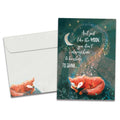 Load image into Gallery viewer, Cover of Fox Brightness Support & Encouragement card (featuring script and serif text above artwork of a fox sleeping under the moon and stars) and its matching envelope
