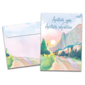 Load image into Gallery viewer, Cover of Joyful Journey Birthday card (featuring script text above artwork of a mountain road lined with trees) and its matching envelope