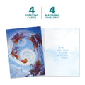 Load image into Gallery viewer, The cover and inside of Tree-Free’s Soaring Santa card, along with the following text: “4 greeting cards, 4 matching envelopes”