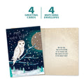 Load image into Gallery viewer, The cover and inside of Tree-Free’s Solstice Owl card, along with the following text: “4 greeting cards, 4 matching envelopes”