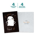 Load image into Gallery viewer, The cover and inside of Tree-Free’s Haunt It card, along with the following text: “4 greeting cards, 4 matching envelopes”