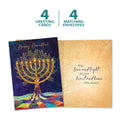 Load image into Gallery viewer, The cover and inside of Tree-Free’s Hanukkah Tree card, along with the following text: “4 greeting cards, 4 matching envelopes”