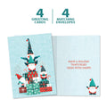 Load image into Gallery viewer, The cover and inside of Tree-Free’s Gnomes Piled High card, along with the following text: “4 greeting cards, 4 matching envelopes”