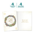 Load image into Gallery viewer, The cover and inside of Tree-Free’s Winter Pine Wreath card, along with the following text: “4 greeting cards, 4 matching envelopes”