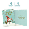 Load image into Gallery viewer, The cover and inside of Tree-Free’s Merry Snowman card, along with the following text: “4 greeting cards, 4 matching envelopes”