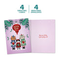 Load image into Gallery viewer, The cover and inside of Tree-Free’s Cat Carolers card, along with the following text: “4 greeting cards, 4 matching envelopes”