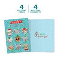 Load image into Gallery viewer, The cover and inside of Tree-Free’s Meowy Christmas card, along with the following text: “4 greeting cards, 4 matching envelopes”