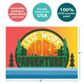 Load image into Gallery viewer, The cover of Tree-Free’s More Adventure card with lines demonstrating its 5x7 dimensions, along with the following text: “100% PCW recycled paper, proudly made in the USA, sustainably printed on extra-thick card stock”