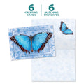 Load image into Gallery viewer, The cover and inside of Tree-Free’s Butterfly #1 card, along with the following text: “6 greeting cards, 6 matching envelopes”
