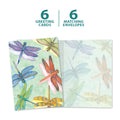 Load image into Gallery viewer, The cover and inside of Tree-Free’s Dragonflies card, along with the following text: “6 greeting cards, 6 matching envelopes”